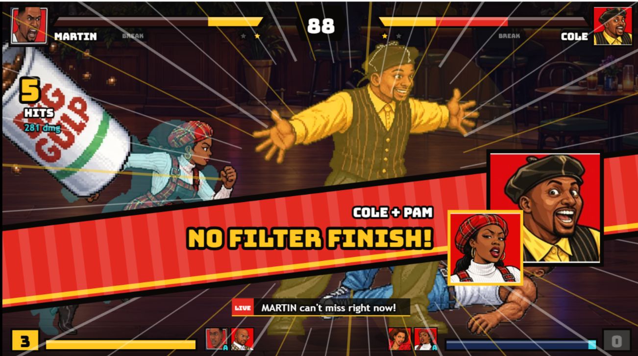 No Filter Fighters gameplay showing Martin against Cole with a sidekick finish